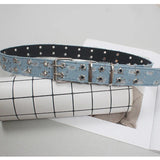 Lianfudai  Pu Leather Blue Denim Hollow Out Long Vintage Belt Personality Women New Fashion Tide All-match Spring Autumn 2024 1DH6638