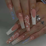 Lianfudai Fall nail trends 24Pcs Long Ballet False Nails Pink Ballet Fake Nails with Rhinestone Glitter French Flower Design Press on Nails Full Nail Tips