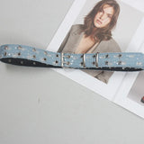 Lianfudai  Pu Leather Blue Denim Hollow Out Long Vintage Belt Personality Women New Fashion Tide All-match Spring Autumn 2024 1DH6638