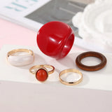 Lianfudai 5Pcs/set Vintage Red Rings for Woman Creative Geometric Ring Enamel Resin Ring Wedding Jewelry Fashion Female Accessories 2024