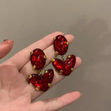 Lianfudai Red Heart Glass Pendants Earrings European American Style Personalized Fashion Stud Earrings Girls Travel Wedding Accessories