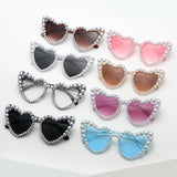 Lianfudai Fashion Retro Heart-Shaped Imitation Pearl Frame Sunglasses UV400 Women Cat Eye  Eyewear Trendy Beach Party  Sun Glasses