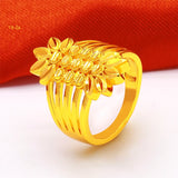 Lianfudai Ethiopia Dubai Flower Gold Color Arab Rings Resizable For Women Wedding Jewelry African Party Gift Nigerian Jewellery