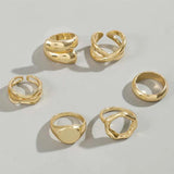 Lianfudai 6Pcs/Set Gold Color Smooth Geometric Open Rings Set For Women Exaggerated Metal Irregular Thick Chunky Ring Jewelry Gift