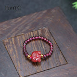 Lianfudai Natural Vermilion Garnet Beaded Rose Ring Purple Gold Sand Love Buddha Head Ring Fashion Jewelry Gift for Women