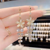 Lianfudai Luxury Crystal Flower Tassel Drop Earrings for Women Shiny Zircon Opal Long Dangle Earrings Girls Party Wedding Jewelry Gift