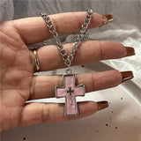 Lianfudai Gothic Punk Fashion Charm Cute Pink Large Cross Pendants Choker Chains Necklace Women Y2K 2000s EMO Grunge Accessories Jewelry