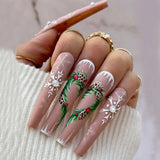 Lianfudai 24Pcs Long Ballet Christmas False Nail Wearable coffin With diamonds Design Fake Nail Full Set of Nail Tip Pressing on nails