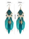 Lianfudai  Bohemian Feather Tassel Earrings Peacock Blue Vintage Pendant Earrings Birthday Party Holiday Travel Jewelry Accessories