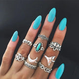 Lianfudai Fashion Cutout Moon Snake Vintage Turquoise Charm Ring New Jewelry for Party Trendy Flower Crystal Geometric Set Rings for Women