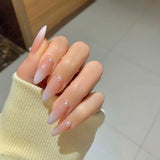 Lianfudai 24pcs French Point Diamond Fake Nails Wearing Artificial Square Head Press On Acrylic Nail Art Pearl Patch Almond False Nails