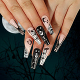 Lianfudai 24Pcs Halloween False Nails Long Ballet Fake Nails with Ghost Cobweb Design Pink French Coffin Full Cover Press on Nail Tips