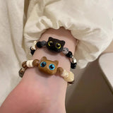 Lianfudai New Cute Little Black Cat Bracelet for Women Men Fashion Funny Cartoon Animal Beaded Bracelet Handmade Trendy Girl Jewelry Gifts