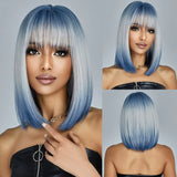 Lianfudai Medium Length Blue White Ombre Straight Synthetic Hair With Bangs Short Bob Cosplay Wig for Women Daily Party Heat Resistant