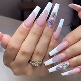 Lianfudai 24Pcs Long Ballet French Girls Nail Art White Fake Nails Manicure Press On Nails False With Designs Artificial Wearing Reusable