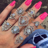 Lianfudai Fashion Cutout Moon Snake Vintage Turquoise Charm Ring New Jewelry for Party Trendy Flower Crystal Geometric Set Rings for Women