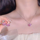 Lianfudai New Fashion Earrings Necklaces Set for Women Heart-shaped Zircon Pink Crystal Pendant Necklace Women's Jewelry Exquisite Gifts