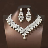 Lianfudai Fashion Crystal Pearl Costume Jewelry Sets Rhinestone Statement Necklace Earrings Crown Tiaras Set Women Wedding Jewelry Sets