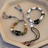 Lianfudai 2PCS Tassels Big Eye Cat Bracelets for Women Men Sweet Cool Skull Ceramic Beaded Bracelet Aesthetic Party Jewelry Accessories