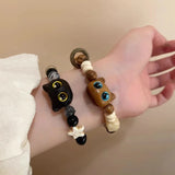 Lianfudai New Cute Little Black Cat Bracelet for Women Men Fashion Funny Cartoon Animal Beaded Bracelet Handmade Trendy Girl Jewelry Gifts