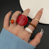 Lianfudai 5Pcs/set Vintage Red Rings for Woman Creative Geometric Ring Enamel Resin Ring Wedding Jewelry Fashion Female Accessories 2024