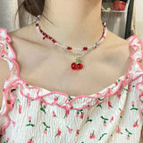 Lianfudai Korean Fashion Retro Goth Beaded Cherry Pendant Necklace For Women Egirl Aesthetic Grunge Y2k 90s Jewelry Accessories