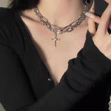 Lianfudai Fashion Metal Rhinestone Cross Pearl Necklace  for Women &Men Pendientes Vintage Multilayer Punk Chain choker Hip-Hop Jewelry