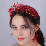 Lianfudai Trendy Red Crystal Bridal Crown Wedding Hair Accessories for Woemn Headdress Party Jewelry Bride Headpiece Tiara Bridal Headwear