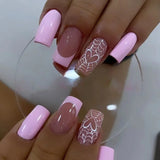 Lianfudai Pink Spider Web Heart Nail Art Halloween Elements Square Fake Nail Tips Full Cover Finished False Nail Press on Nail Glue Woman