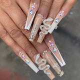 Lianfudai 24Pcs Long Ballet False Nails with Glue Gradient White Flower Press on Nails with Rhinestone Wearable Coffin Fake Nail Manicure