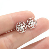 Lianfudai Tiny Circle Earrings Stainless Steel Flower Seed of Life Stud Earrings for Women Geometry Round Hollow Wedding Jewelry