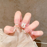 Lianfudai 24pcs French Point Diamond Fake Nails Wearing Artificial Square Head Press On Acrylic Nail Art Pearl Patch Almond False Nails