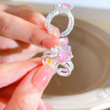 Lianfudai Pink Love Heart Rings for Women Opening Personality Thorn Finger Ring Fashion Sweet Girls Jewelry Wedding Party Accessories