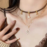 Lianfudai Vintage Bohemia Sun Star Zircon Necklace for Women Leather Necklace Double Layered Star Pendant Chain Choker Fashion Jewelry