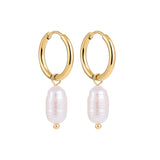 Lianfudai Eardrop Pearl Small Hoop Earrings for Women Gold Color Stainless Steel Circle Huggies Hoops Ear Buckle Jewelry