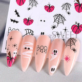 Lianfudai Pink Pumpkin Halloween Nail Stickers Ghost Star Mummy Love Heart Spider Web Scorpion Blood Drops DIY Winter Manicure Decoration