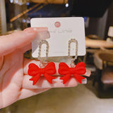 Lianfudai Red Black Bowknot Eardrop Silver Color Women Trendy Earrings Korean New Style Fashion Jewelry Daily Accessories