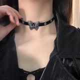 Lianfudai New Dark Punk Butterfly Leather Choker For Women Retro Leather Multi-Layer Rock Neck Chain Necklace Cool Girls Accessories