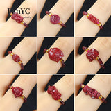 Lianfudai Natural Vermilion Garnet Beaded Rose Ring Purple Gold Sand Love Buddha Head Ring Fashion Jewelry Gift for Women