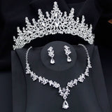 Lianfudai Luxury Silver Color Opal Water Drop Crown Bridal Jewelry Sets Rhinestone Tiaras and Necklace Earrings Wedding Dress Jewelry Set