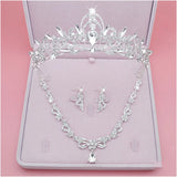 Lianfudai Bridal Jewelry Sets Crown Necklace Earrings Four Pack Silver Colour Women's Fashion Wedding Tiaras(excluding boxes)