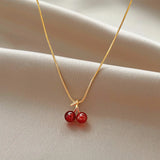 Lianfudai Wine Red Cherry Gold Colour Pendant Necklace Earrings set For Women Personality Fashion Necklace Wedding Jewelry Birthday Gifts