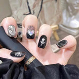 Lianfudai 24pcs Short Square Round Black False Nails Champagne Crystal Fake Nails Design Art Full Coverage Waterproof Wearable Press Nail