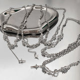 Lianfudai Y2K Retro Kpop Silver Color Pendant Necklaces For Women Gothic Zircon Heart Cross Tassel Necklace Punk Clavicle Choker Jewelry