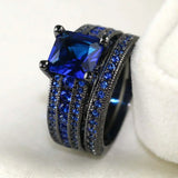 Lianfudai Fashion Black Gold Color Women Rings Set Elegant Blue Cubic Zircon Rhinestone Rings For Women Wedding Band Anniversary Jewelry