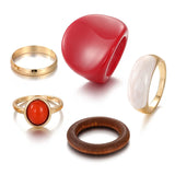 Lianfudai 5Pcs/set Vintage Red Rings for Woman Creative Geometric Ring Enamel Resin Ring Wedding Jewelry Fashion Female Accessories 2024