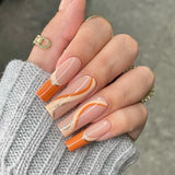 Lianfudai 24Pcs Marble Gradient Long Coffin False Nails Full Cover Nail Tips Press Glue Detachable Wearable Gold Foil Ballerina Fake Nails