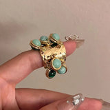 Lianfudai Vintage Natural Stone Malachite Glass Multi-pendant High-grade Fringe Open Ring Women's Wedding Party Jewelry