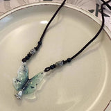 Lianfudai Green Acrylic Butterfly Necklace for Women Braided Rope Fairycore Necklaces Temperament Fashion Jewelry Summer New In