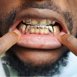 Lianfudai 14K Gold Plated Teeth Grillz Hip Hop Hollow Fangs Tooth Caps Decor Punk Dental Grills For Women Men Jewelry